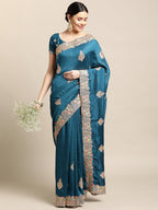 Jyoti Fashion Women's Blue Silk Blend Embroidered Designer Saree with Blouse | Grocsy
