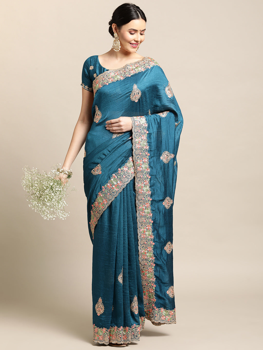 Jyoti Fashion Women's Blue Silk Blend Embroidered Designer Saree with Blouse | Grocsy