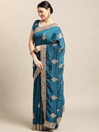 Jyoti Fashion Women's Blue Silk Blend Embroidered Designer Saree with Blouse | Grocsy