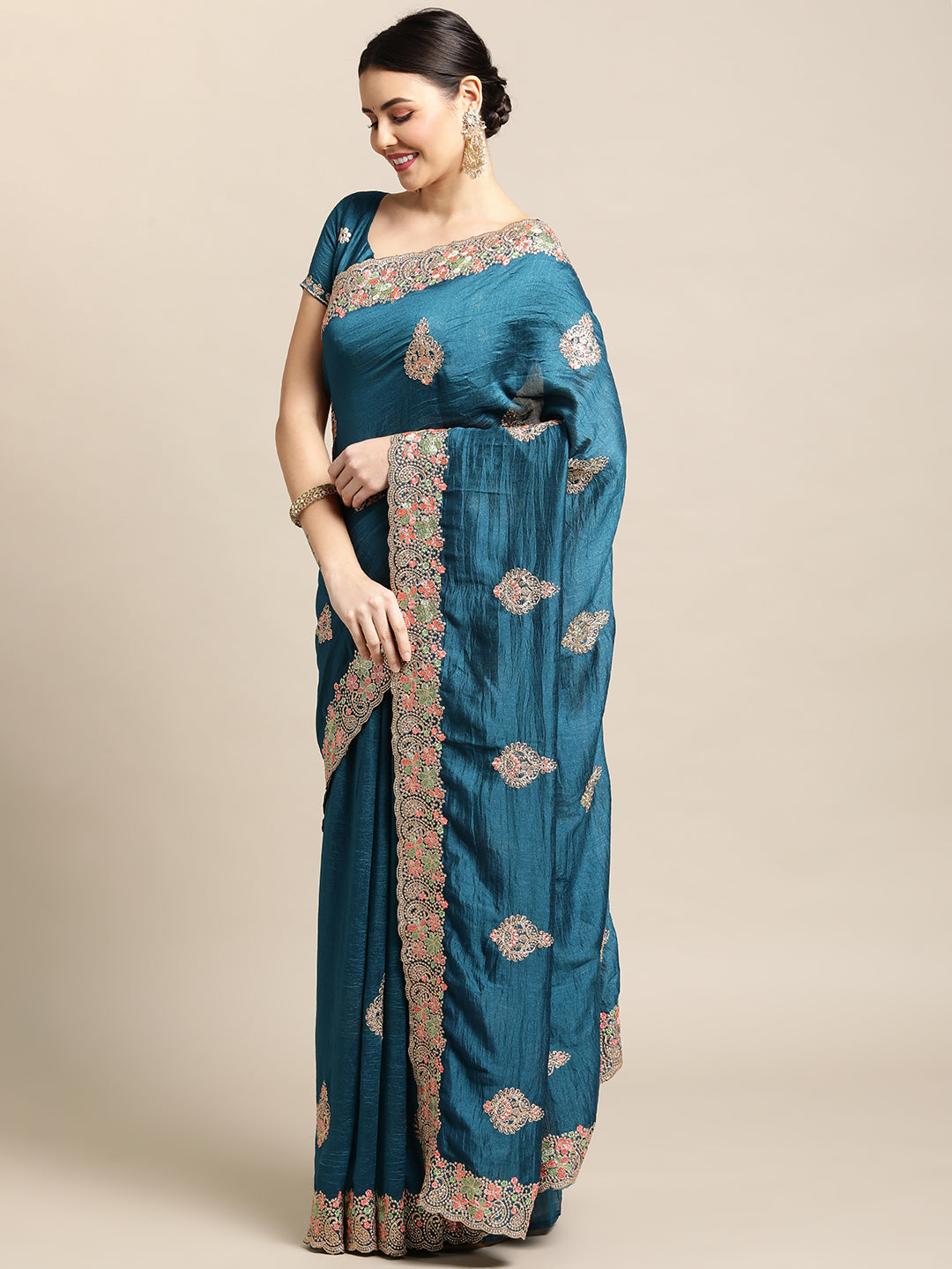 Jyoti Fashion Women's Blue Silk Blend Embroidered Designer Saree with Blouse | Grocsy