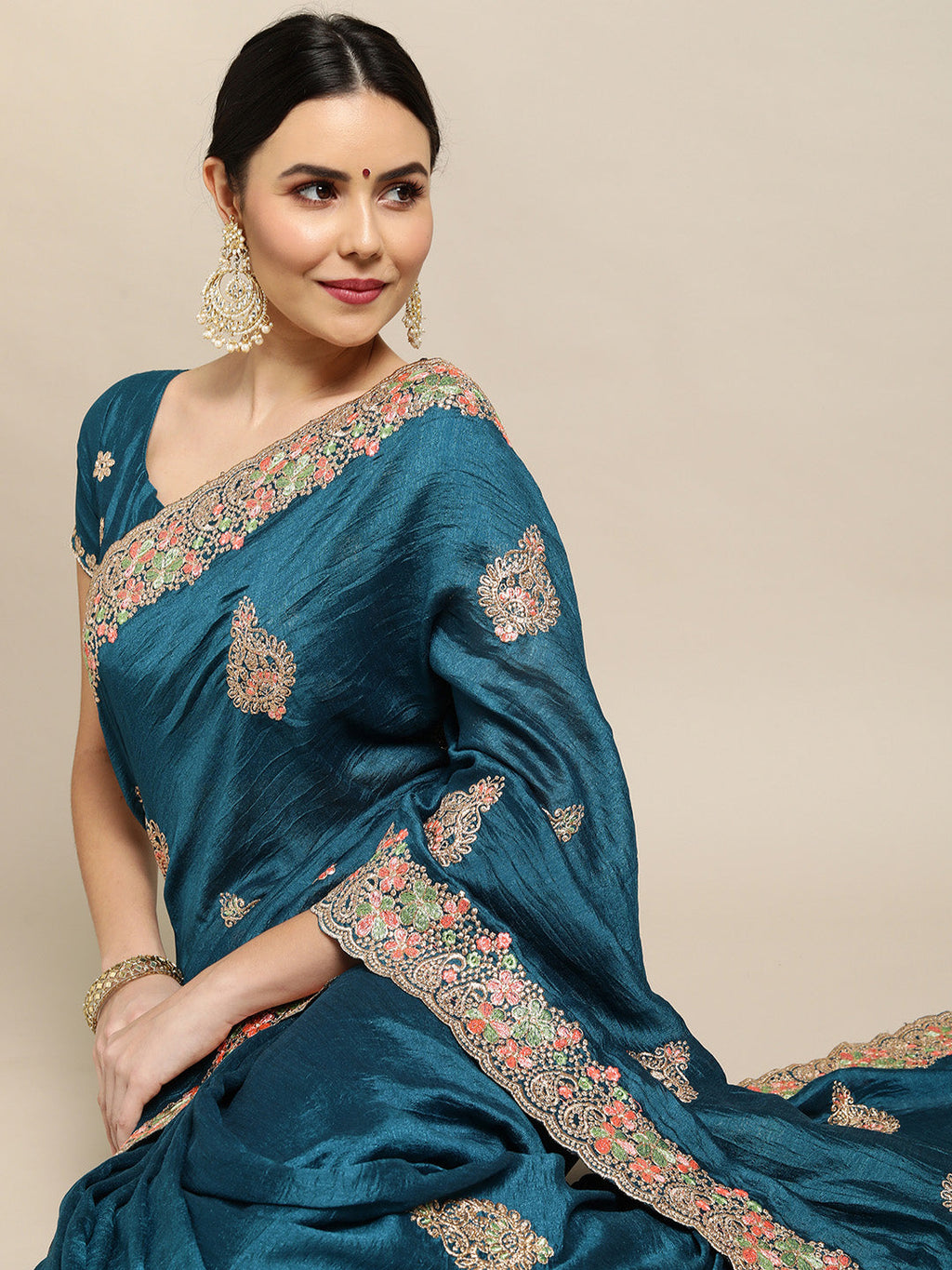 Jyoti Fashion Women's Blue Silk Blend Embroidered Designer Saree with Blouse | Grocsy
