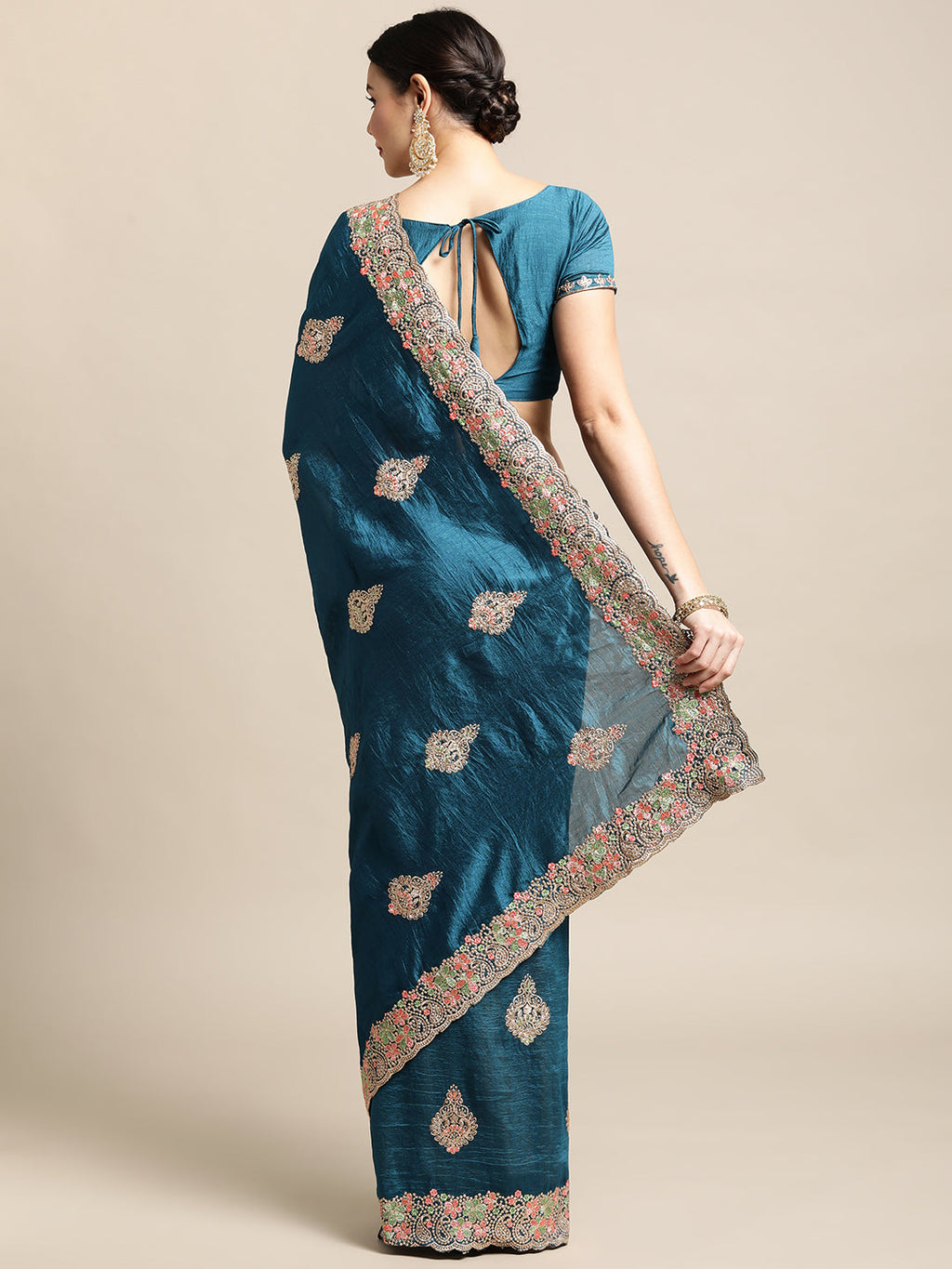 Jyoti Fashion Women's Blue Silk Blend Embroidered Designer Saree with Blouse | Grocsy