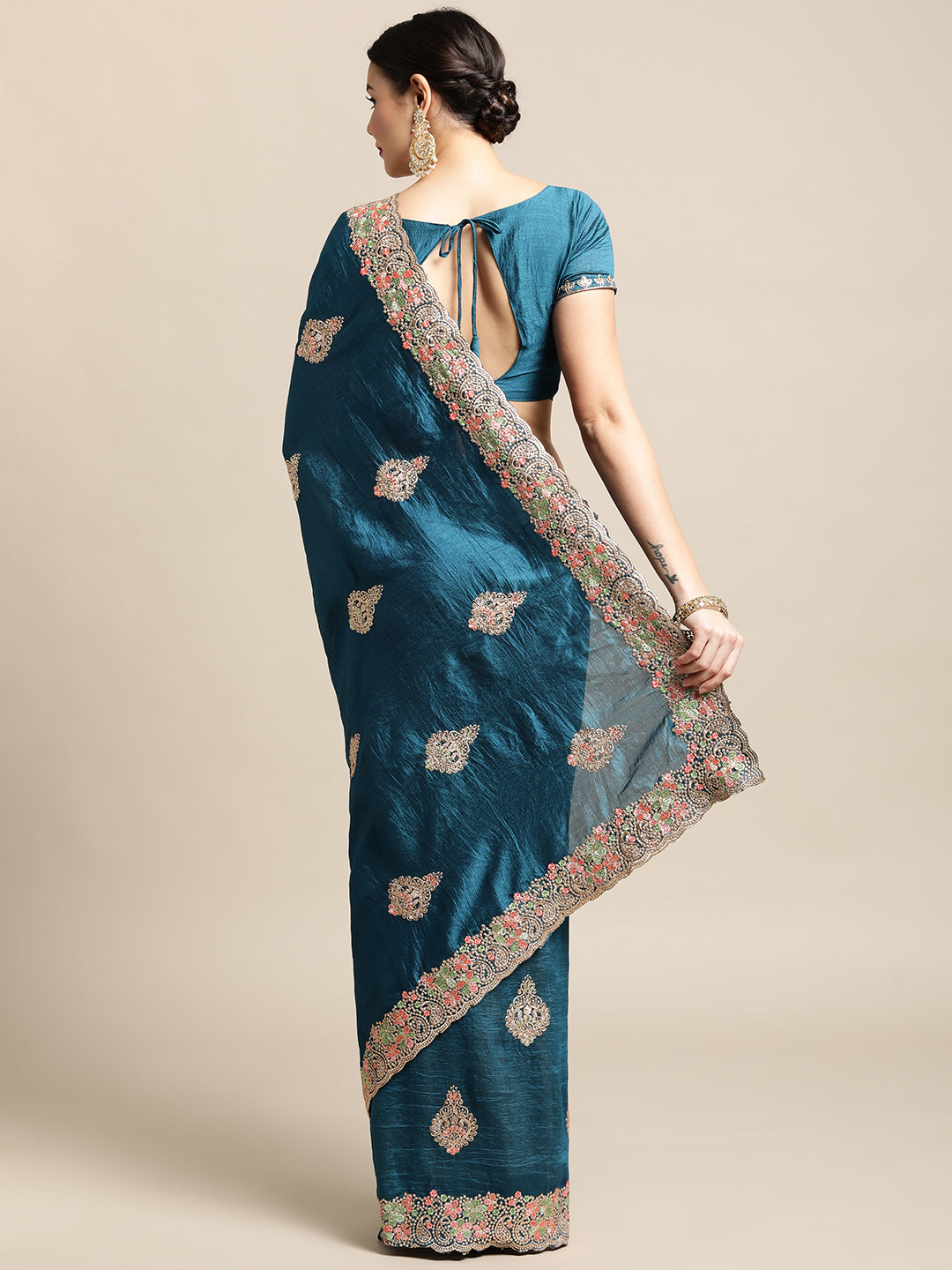 Jyoti Fashion Women's Blue Silk Blend Embroidered Designer Saree with Blouse | Grocsy