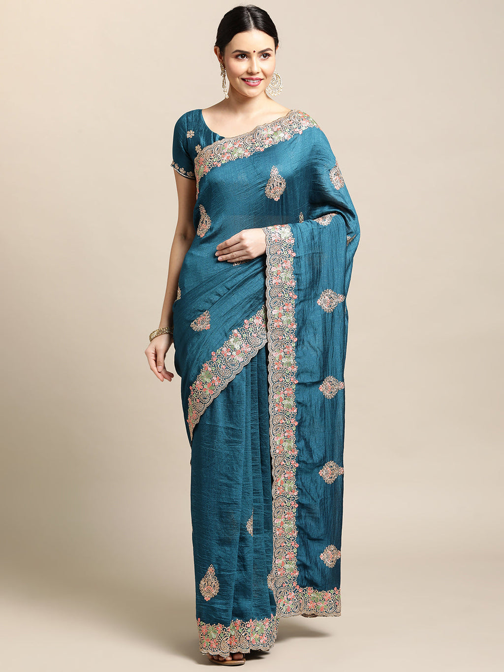 Jyoti Fashion Women's Blue Silk Blend Embroidered Designer Saree with Blouse | Grocsy