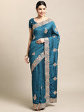Jyoti Fashion Women's Blue Silk Blend Embroidered Designer Saree with Blouse | Grocsy