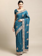 Jyoti Fashion Women's Blue Silk Blend Embroidered Designer Saree with Blouse | Grocsy