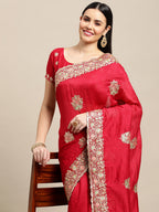 Jyoti Fashion Women's Pink Silk Blend Embroidered Designer Saree with Blouse | Grocsy