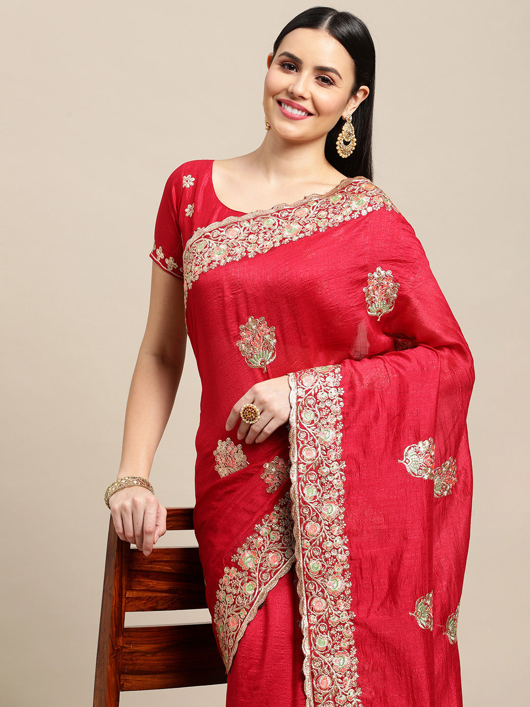 Jyoti Fashion Women's Pink Silk Blend Embroidered Designer Saree with Blouse | Grocsy