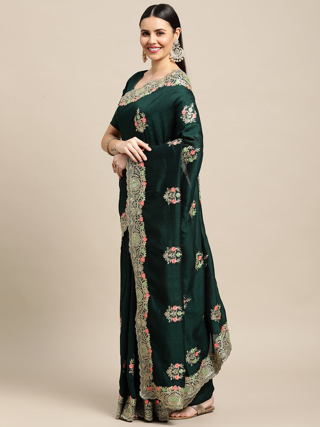 Jyoti Fashion Women's Green Silk Blend Embroidered Designer Saree with Blouse | Grocsy