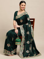 Jyoti Fashion Women's Green Silk Blend Embroidered Designer Saree with Blouse | Grocsy