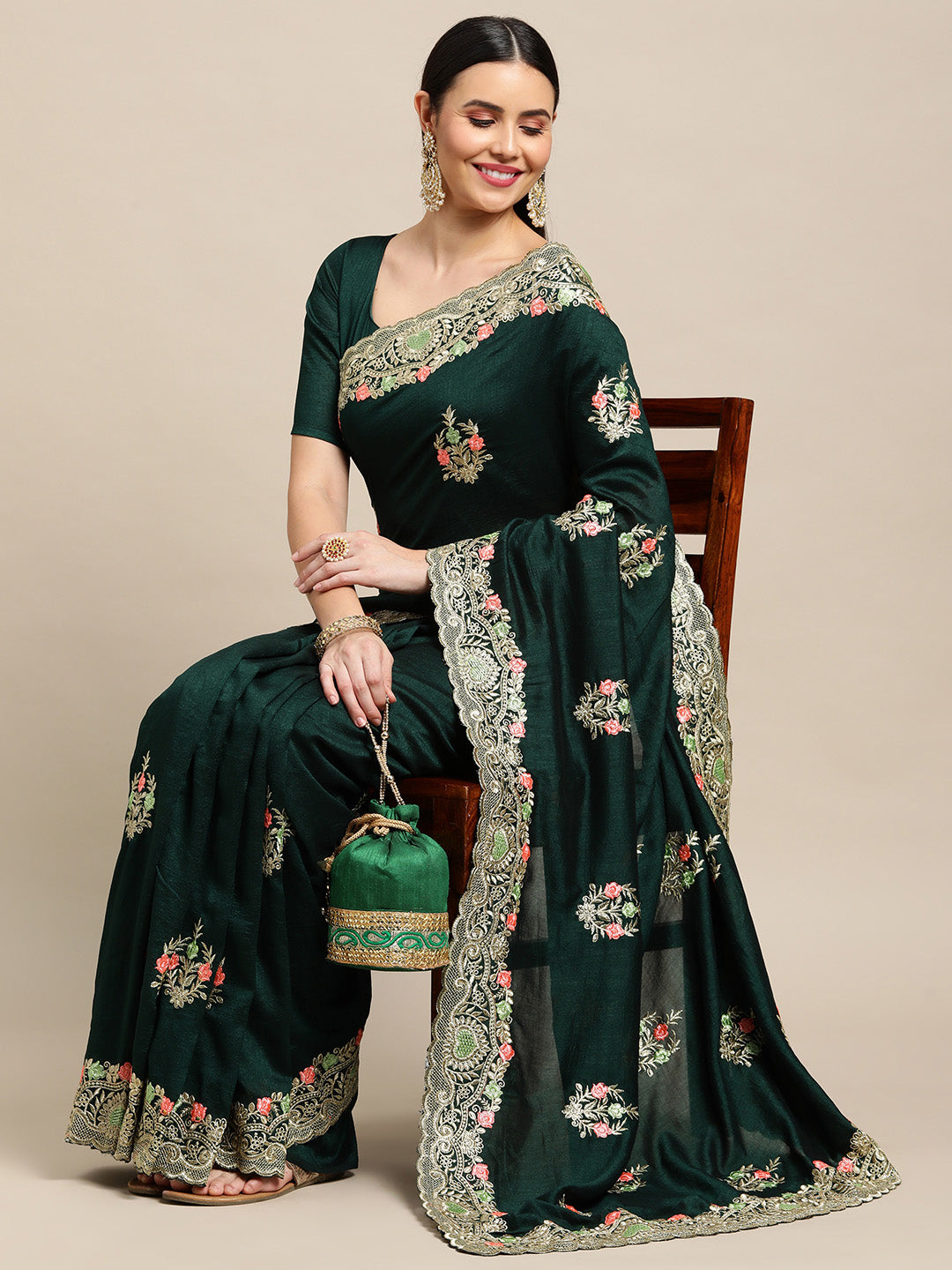 Jyoti Fashion Women's Green Silk Blend Embroidered Designer Saree with Blouse | Grocsy