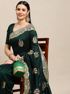 Jyoti Fashion Women's Green Silk Blend Embroidered Designer Saree with Blouse | Grocsy