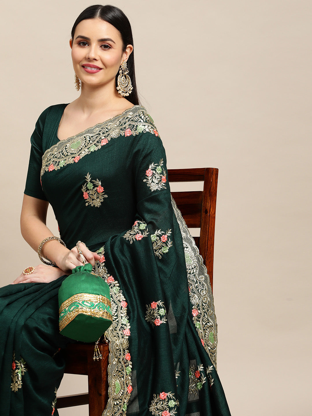 Jyoti Fashion Women's Green Silk Blend Embroidered Designer Saree with Blouse | Grocsy