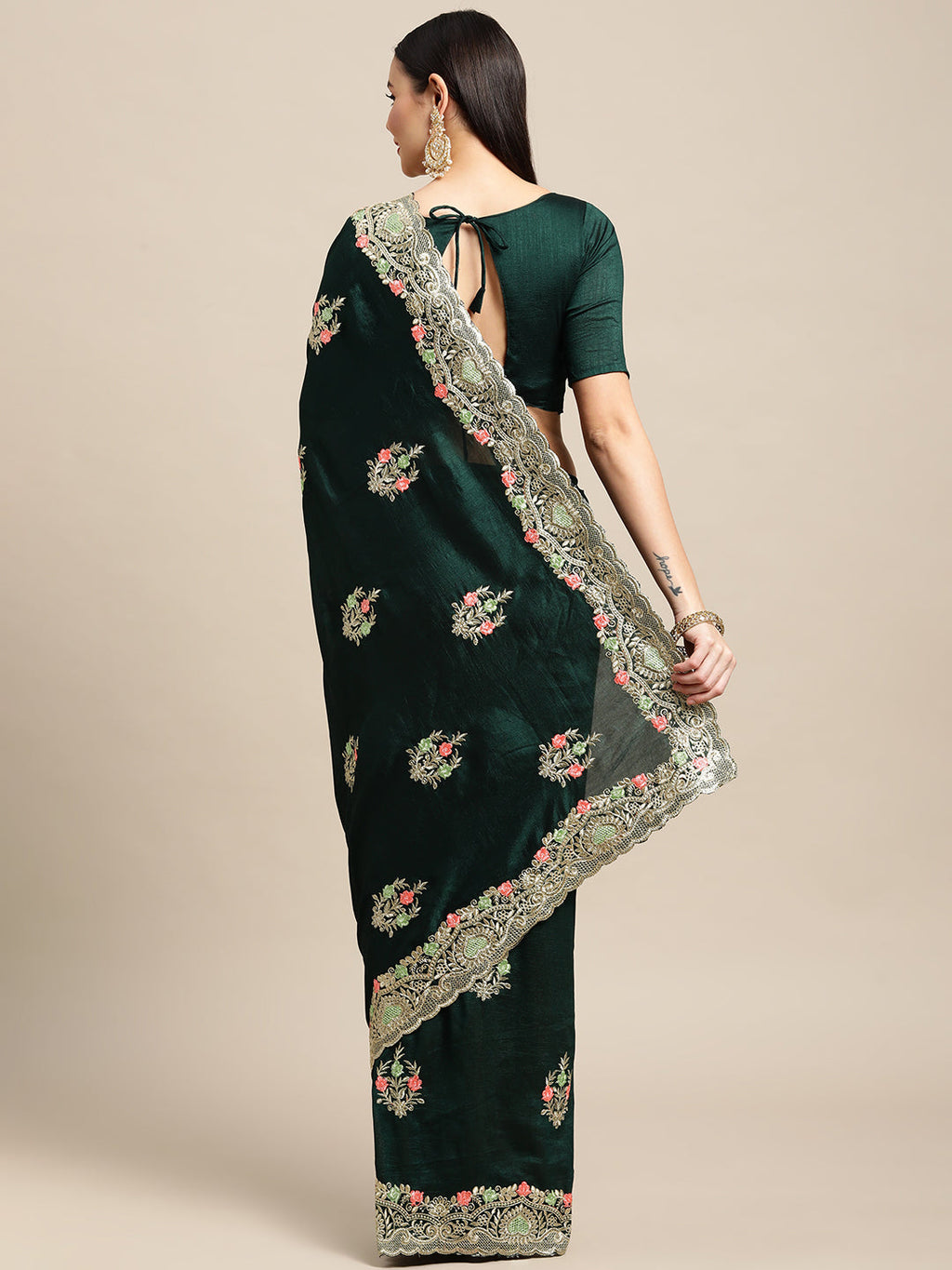 Jyoti Fashion Women's Green Silk Blend Embroidered Designer Saree with Blouse | Grocsy