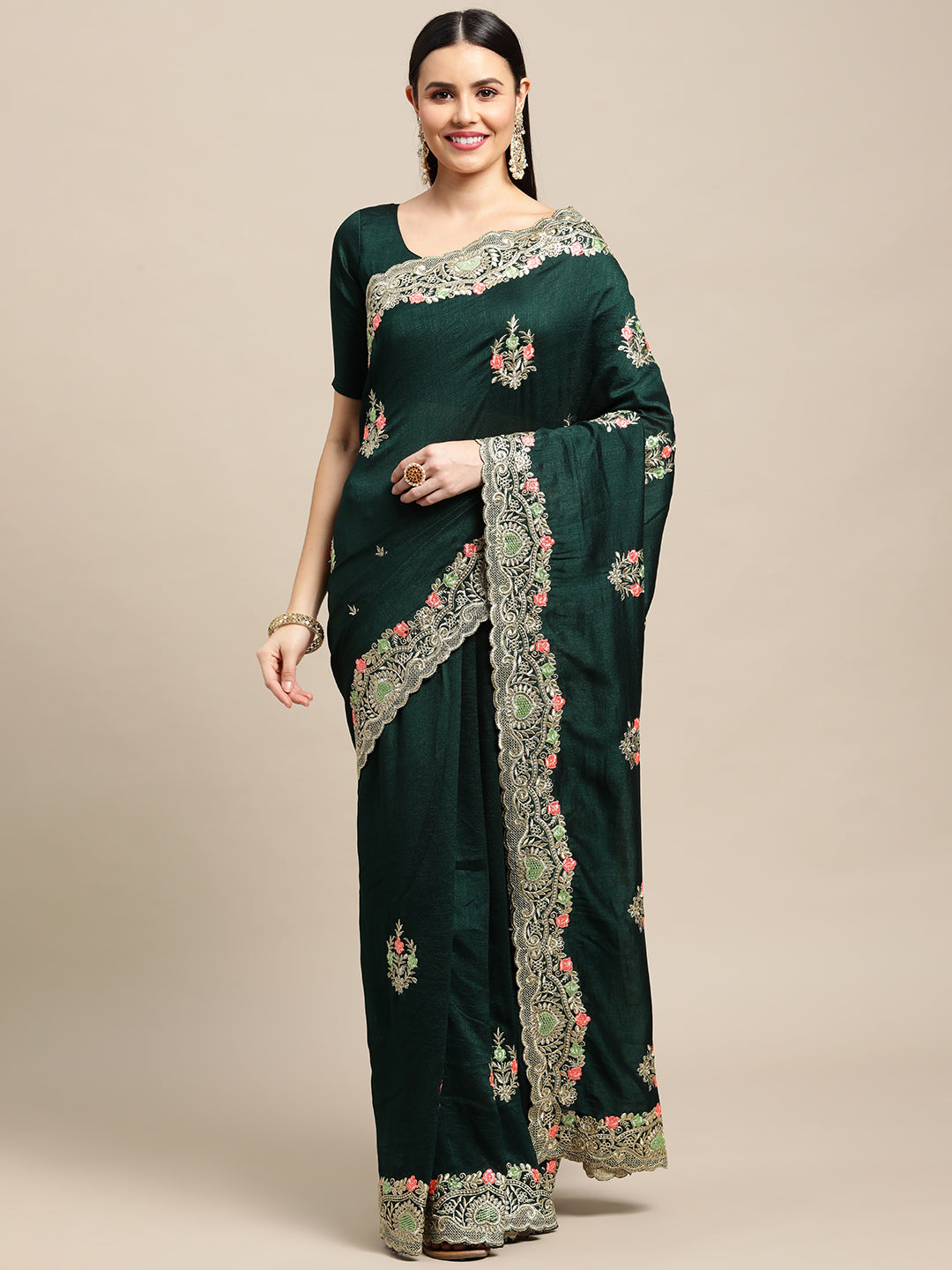 Jyoti Fashion Women's Green Silk Blend Embroidered Designer Saree with Blouse | Grocsy