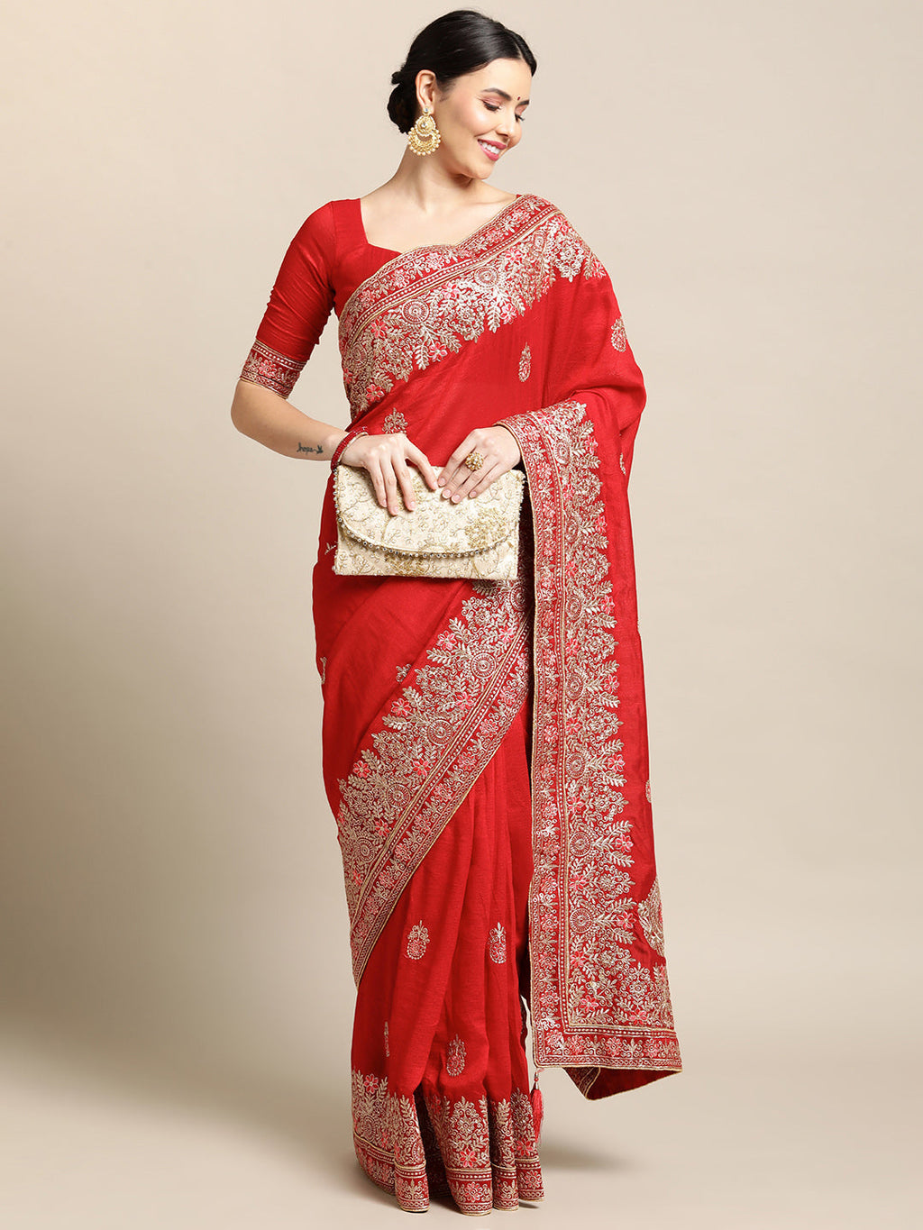 Jyoti Fashion Women's Red Silk Blend Embroidered Designer Saree with Blouse | Grocsy