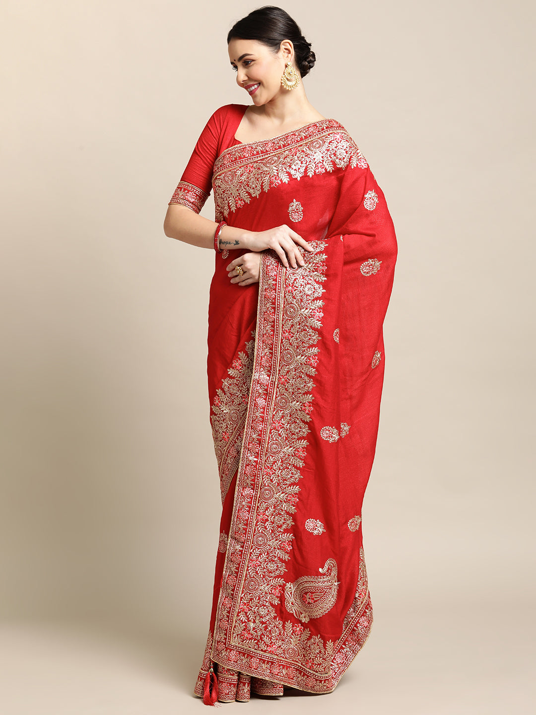Jyoti Fashion Women's Red Silk Blend Embroidered Designer Saree with Blouse | Grocsy