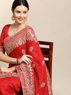 Jyoti Fashion Women's Red Silk Blend Embroidered Designer Saree with Blouse | Grocsy
