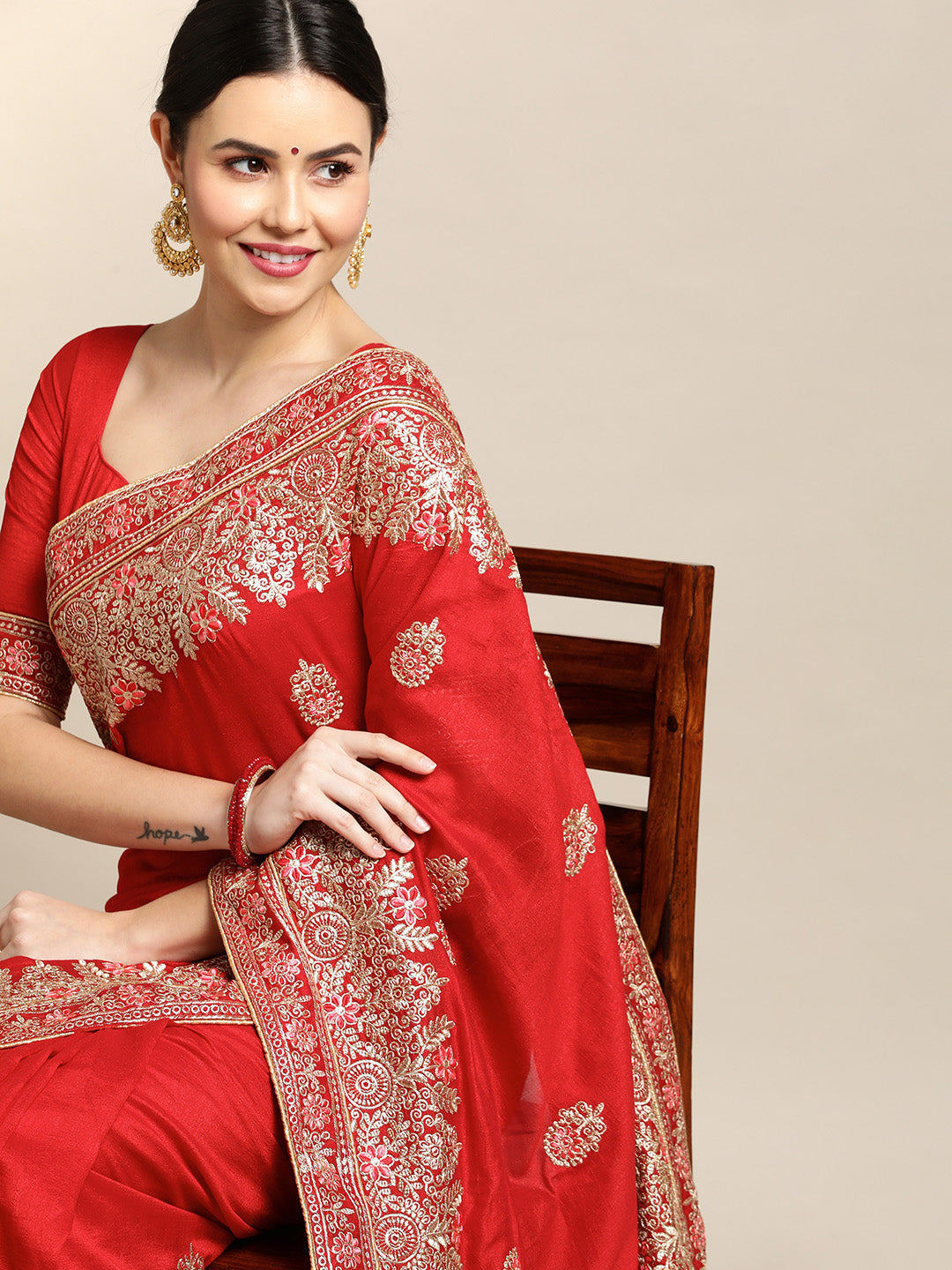 Jyoti Fashion Women's Red Silk Blend Embroidered Designer Saree with Blouse | Grocsy