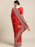 Jyoti Fashion Women's Red Silk Blend Embroidered Designer Saree with Blouse | Grocsy