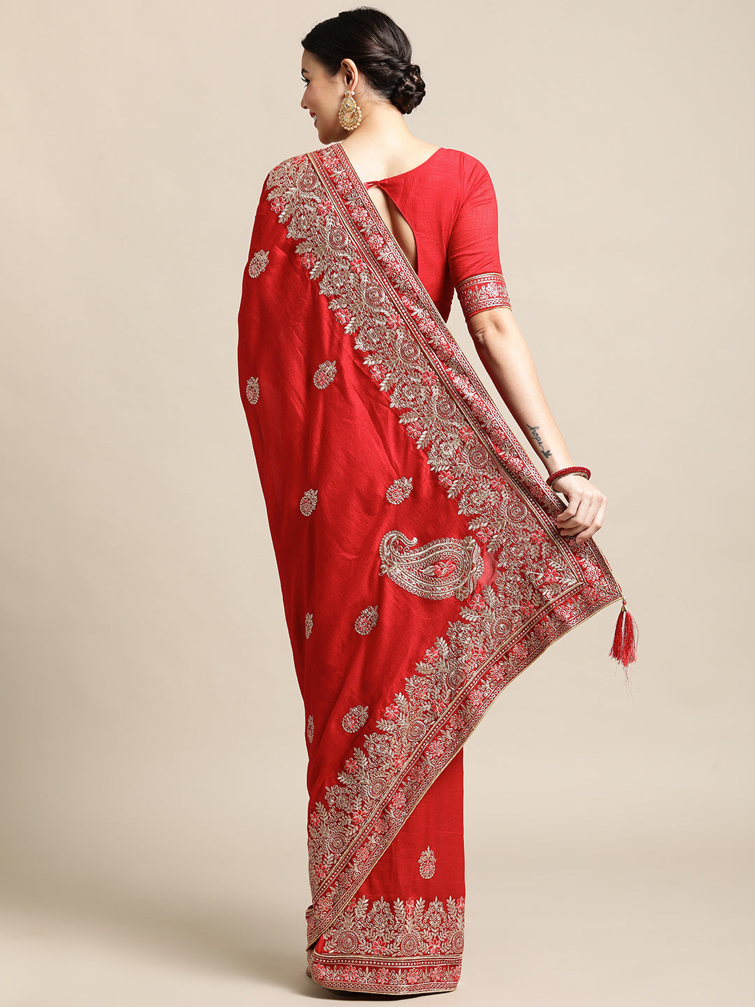 Jyoti Fashion Women's Red Silk Blend Embroidered Designer Saree with Blouse | Grocsy