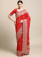 Jyoti Fashion Women's Red Silk Blend Embroidered Designer Saree with Blouse | Grocsy