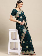 Jyoti Fashion Women's Green Silk Blend Embroidered Designer Saree with Blouse | Grocsy