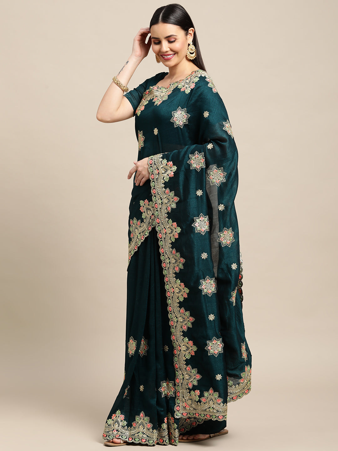 Jyoti Fashion Women's Green Silk Blend Embroidered Designer Saree with Blouse | Grocsy