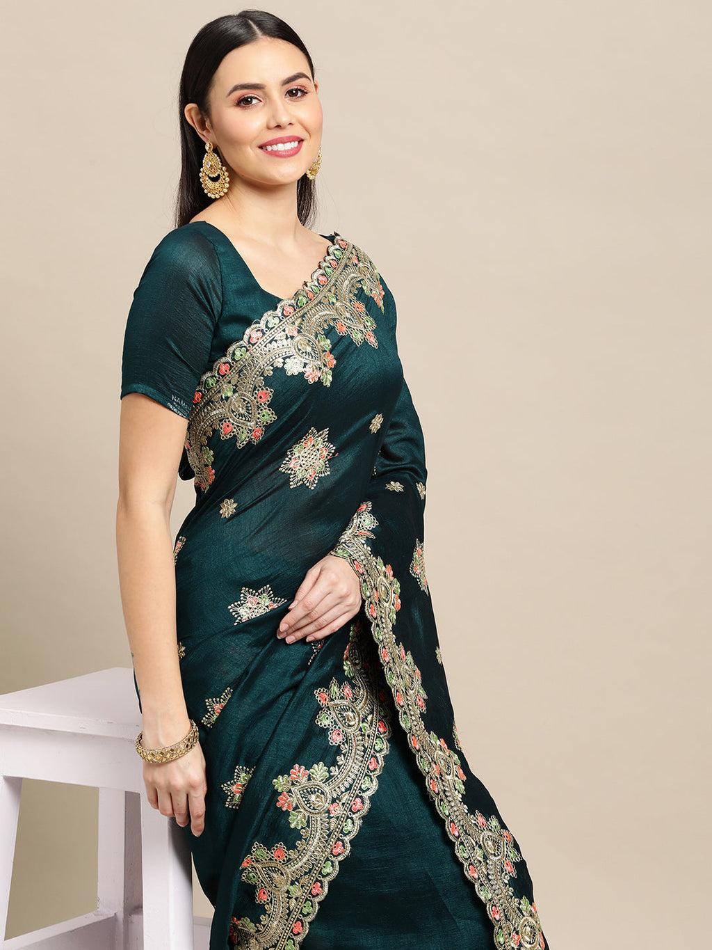Jyoti Fashion Women's Green Silk Blend Embroidered Designer Saree with Blouse | Grocsy