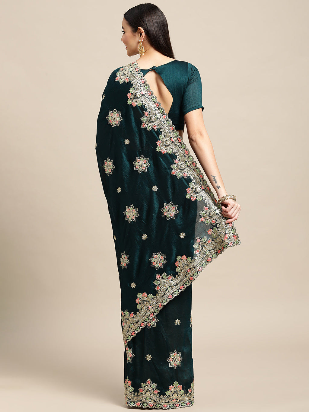 Jyoti Fashion Women's Green Silk Blend Embroidered Designer Saree with Blouse | Grocsy