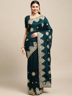Jyoti Fashion Women's Green Silk Blend Embroidered Designer Saree with Blouse | Grocsy