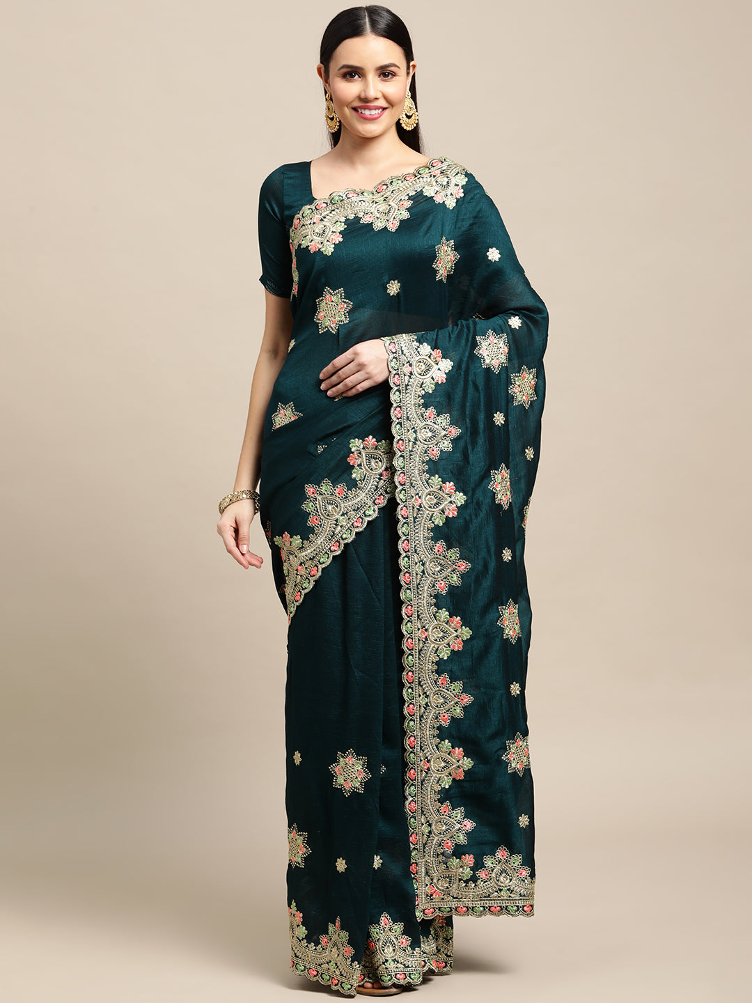 Jyoti Fashion Women's Green Silk Blend Embroidered Designer Saree with Blouse | Grocsy