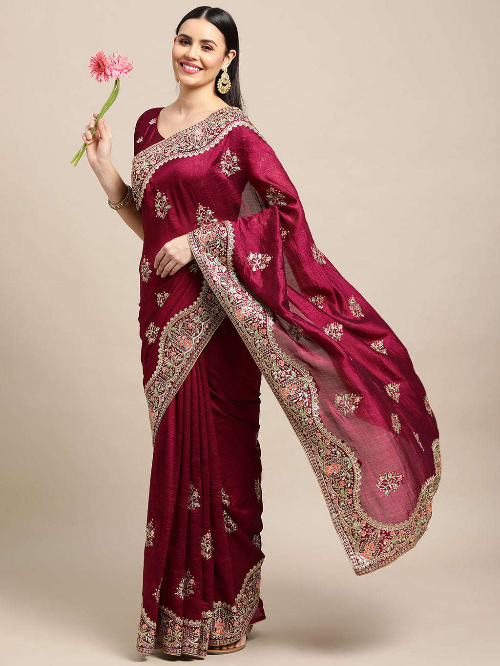 Jyoti Fashion Women's Purple Silk Blend Embroidered Designer Saree with Blouse | Grocsy