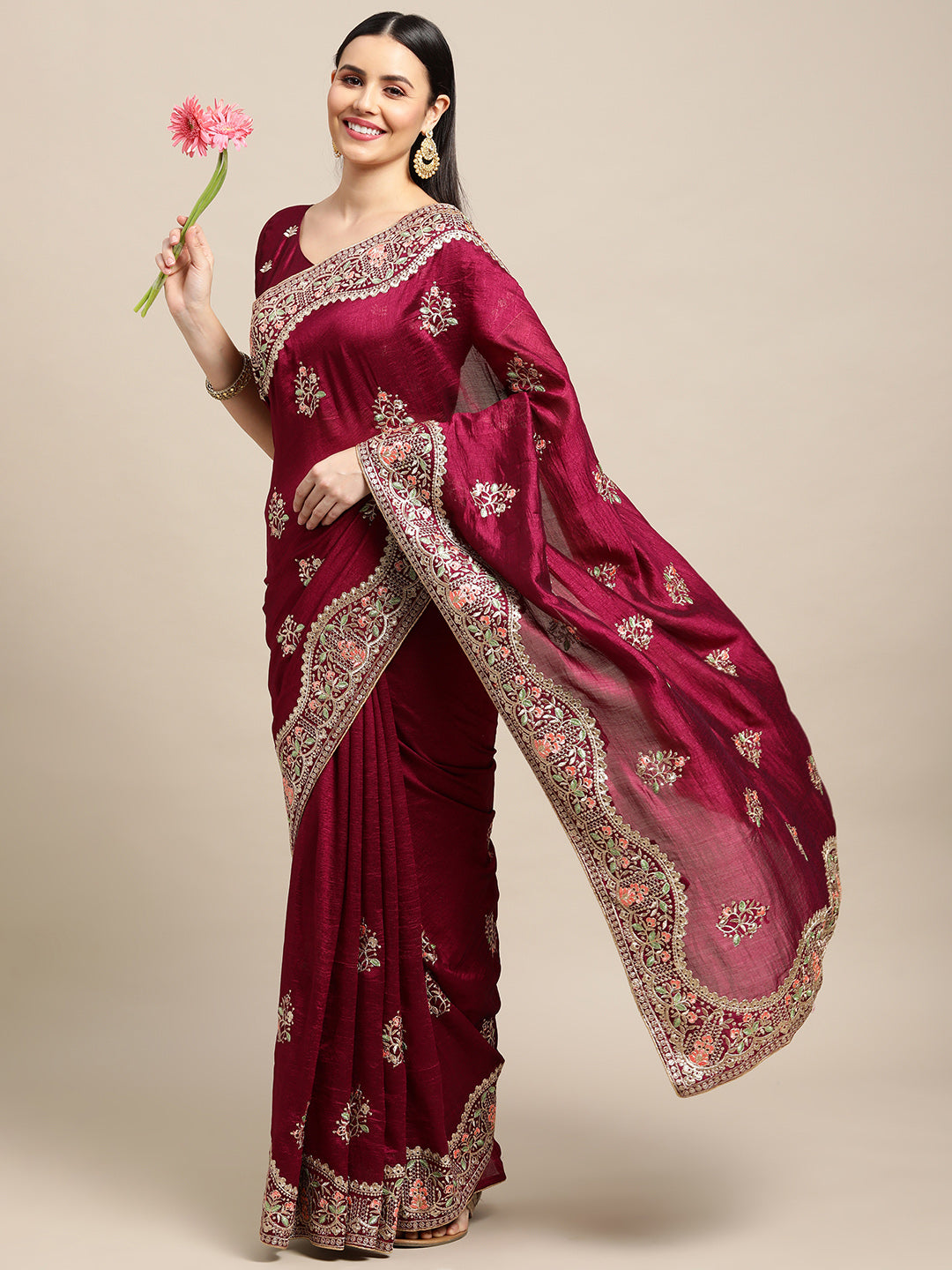 Jyoti Fashion Women's Purple Silk Blend Embroidered Designer Saree with Blouse | Grocsy