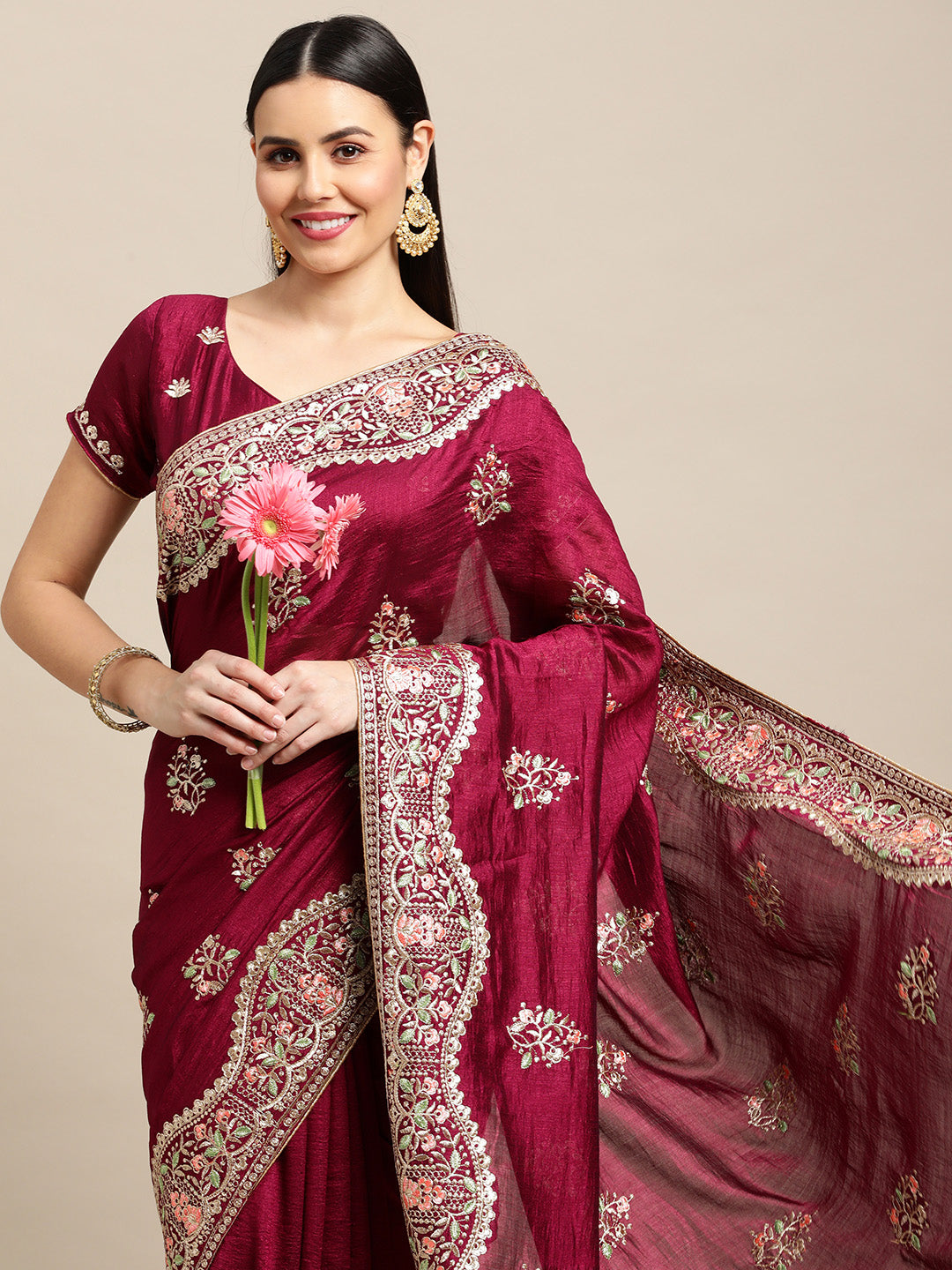 Jyoti Fashion Women's Purple Silk Blend Embroidered Designer Saree with Blouse | Grocsy