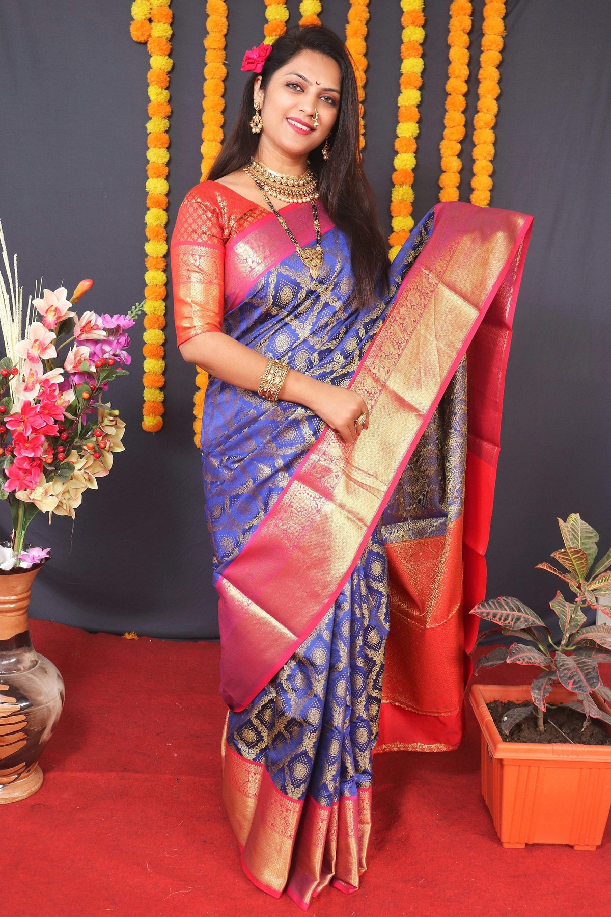 Jyoti Fashion Women's Blue Kanchipuram Silk Zari Woven Saree with Blouse | Grocsy