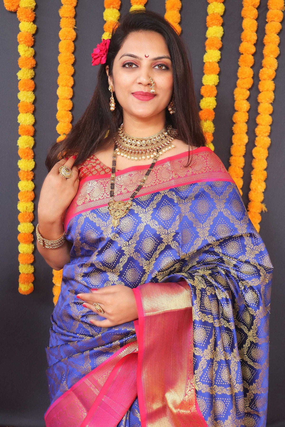 Jyoti Fashion Women's Blue Kanchipuram Silk Zari Woven Saree with Blouse | Grocsy