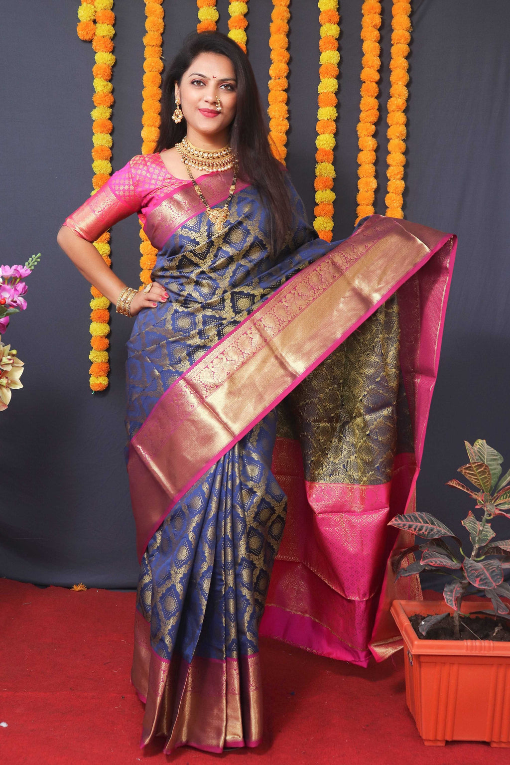 Jyoti Fashion Women's Navy Blue Kanchipuram Silk Zari Woven Saree with Blouse | Grocsy