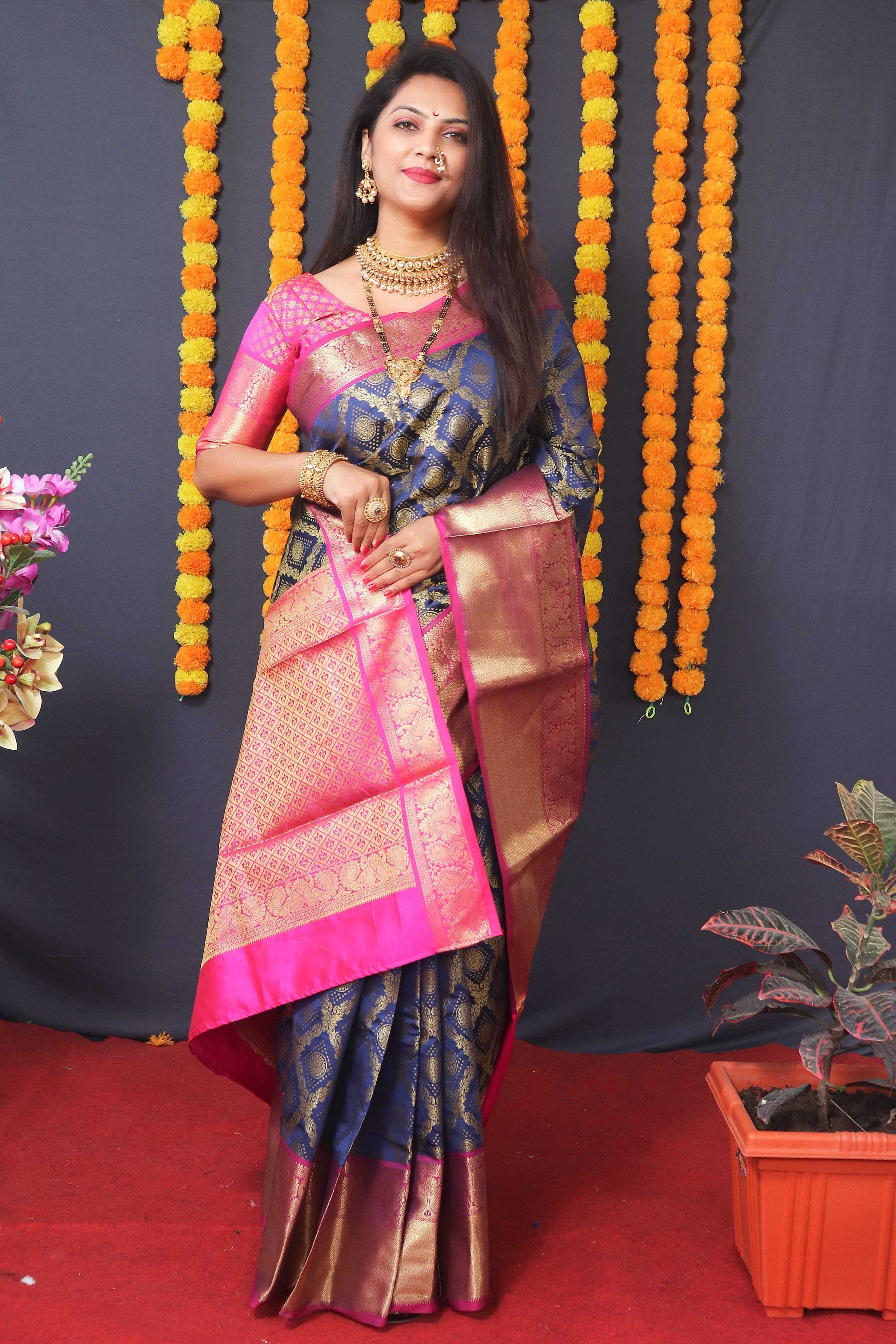 Jyoti Fashion Women's Navy Blue Kanchipuram Silk Zari Woven Saree with Blouse | Grocsy