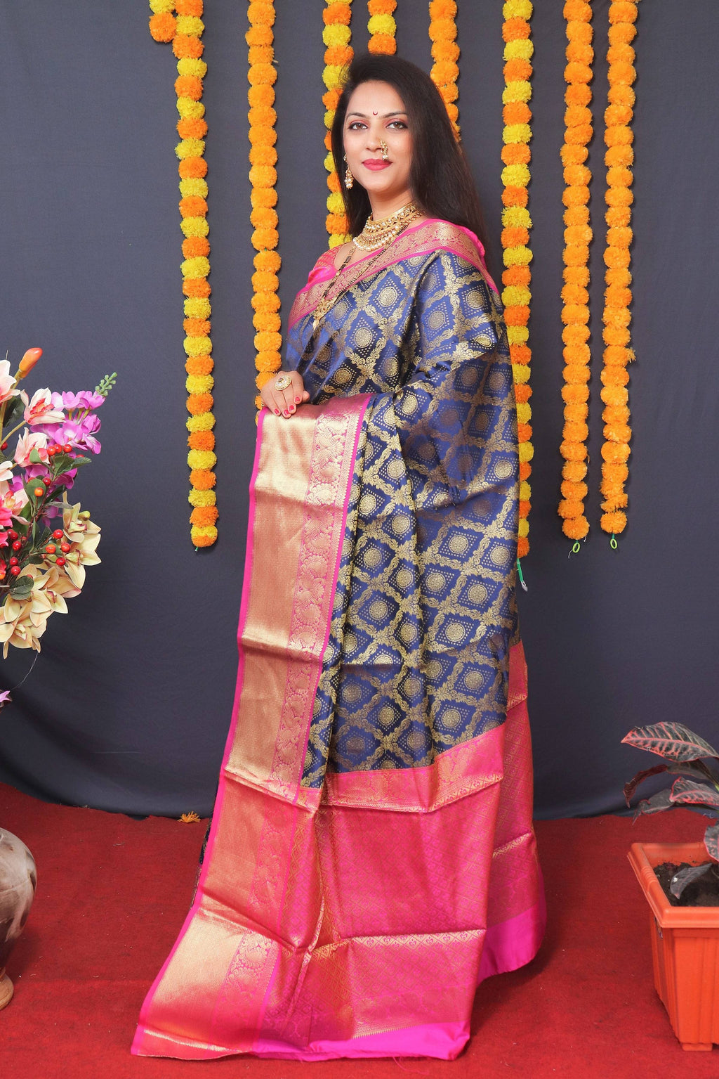 Jyoti Fashion Women's Navy Blue Kanchipuram Silk Zari Woven Saree with Blouse | Grocsy