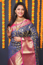 Jyoti Fashion Women's Navy Blue Kanchipuram Silk Zari Woven Saree with Blouse | Grocsy