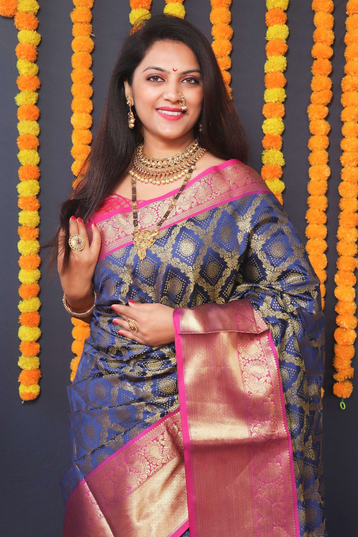 Jyoti Fashion Women's Navy Blue Kanchipuram Silk Zari Woven Saree with Blouse | Grocsy