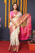 Jyoti Fashion Women's Off White Kanchipuram Silk Zari Woven Saree with Blouse | Grocsy