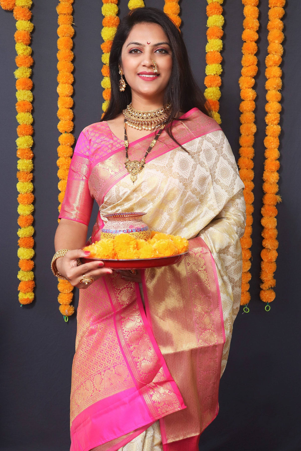 Jyoti Fashion Women's Off White Kanchipuram Silk Zari Woven Saree with Blouse | Grocsy