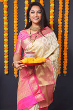Jyoti Fashion Women's Off White Kanchipuram Silk Zari Woven Saree with Blouse | Grocsy