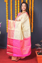 Jyoti Fashion Women's Off White Kanchipuram Silk Zari Woven Saree with Blouse | Grocsy