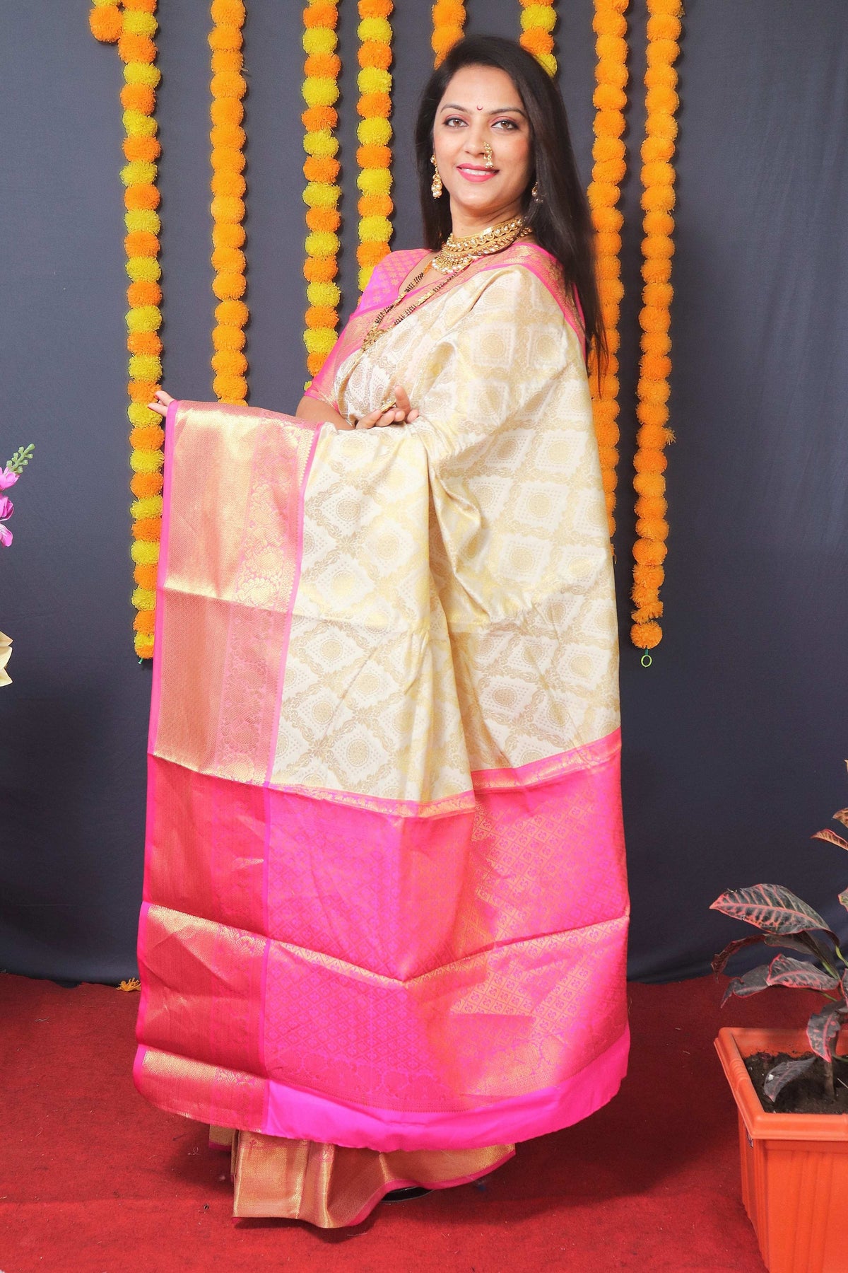 Jyoti Fashion Women's Off White Kanchipuram Silk Zari Woven Saree with Blouse | Grocsy