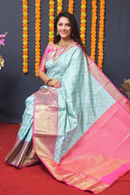 Jyoti Fashion Women's Sky Blue Kanchipuram Silk Zari Woven Saree with Blouse | Grocsy