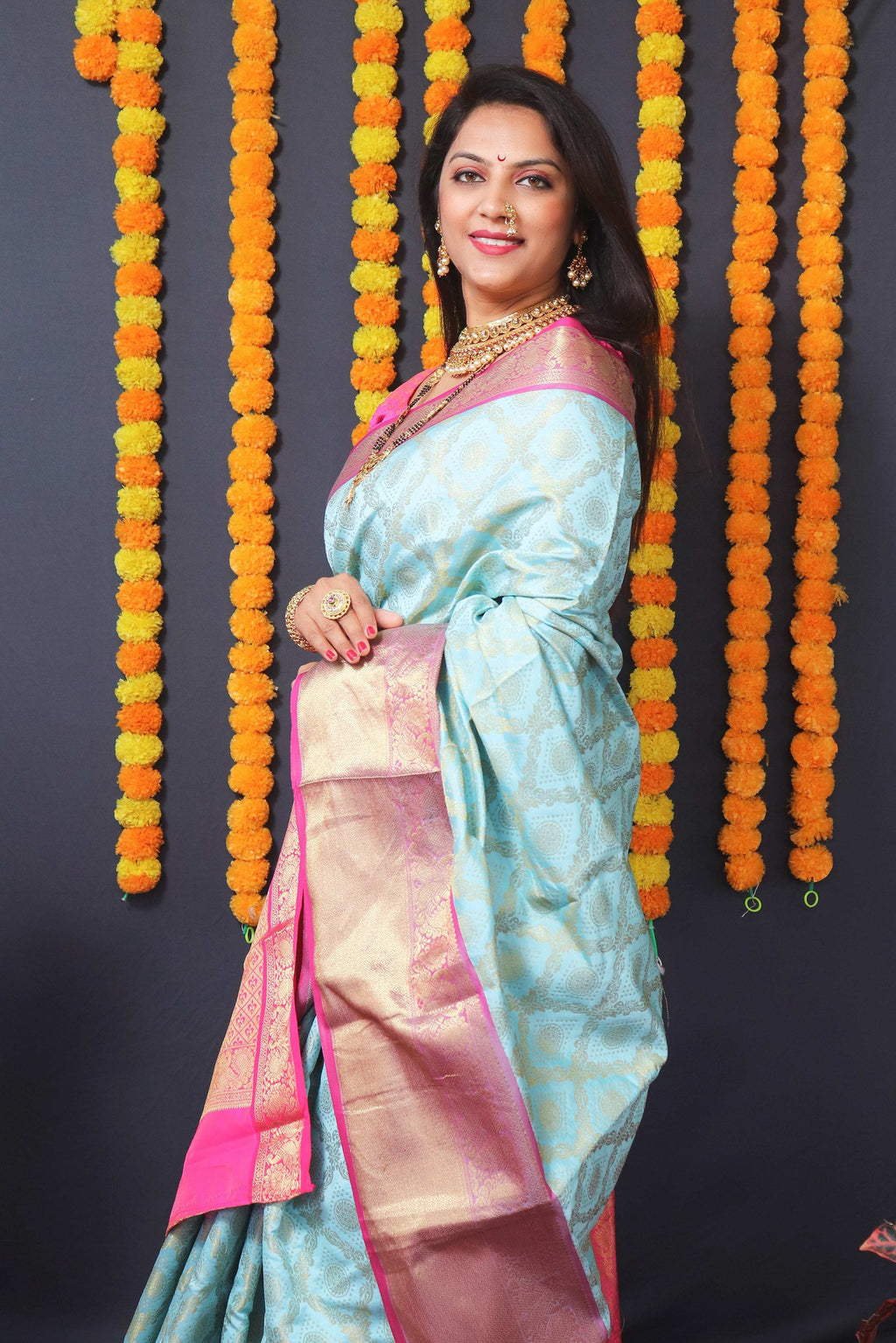 Jyoti Fashion Women's Sky Blue Kanchipuram Silk Zari Woven Saree with Blouse | Grocsy
