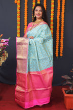 Jyoti Fashion Women's Sky Blue Kanchipuram Silk Zari Woven Saree with Blouse | Grocsy